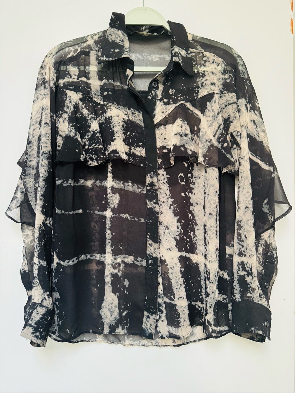 RELIGION Sheer Black and Cream Button Down Blouse.
Sz XS